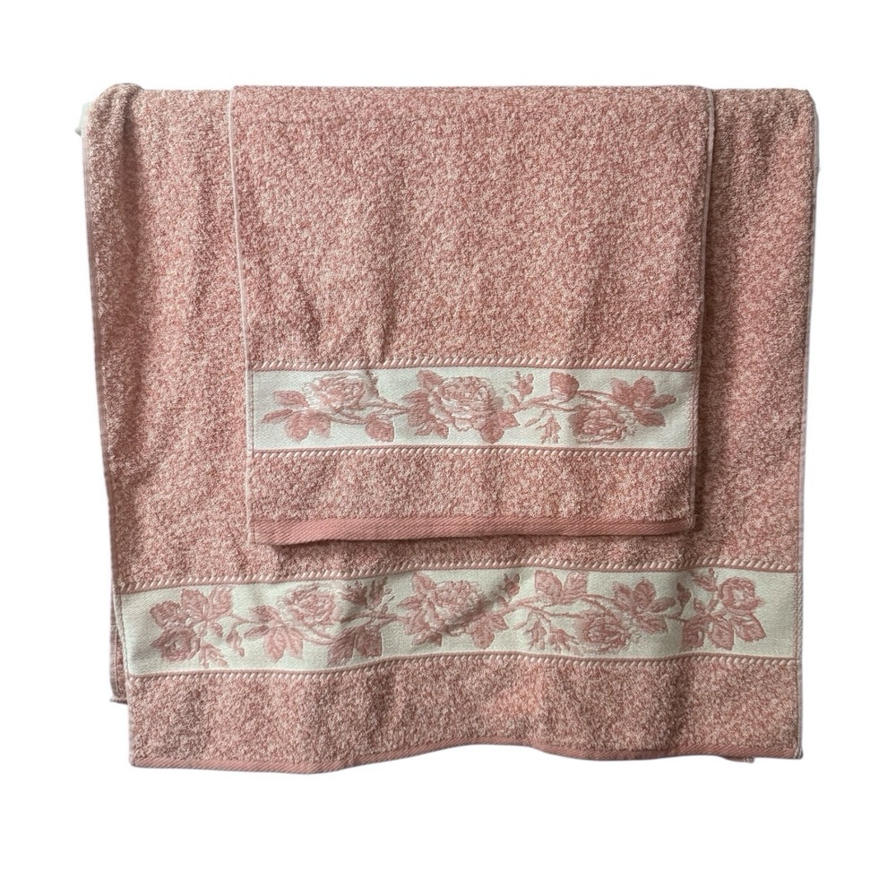 Vintage Celebrity By Santens 100% Cotton Embroidered  Floral Pink Towel Set 80's